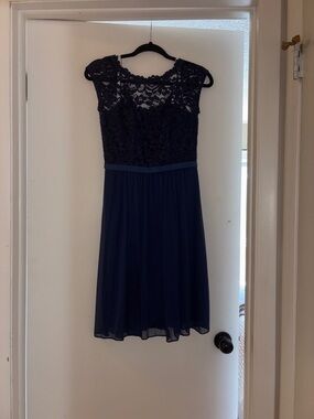 David's Bridal Navy Lace Bodice Midi Dress